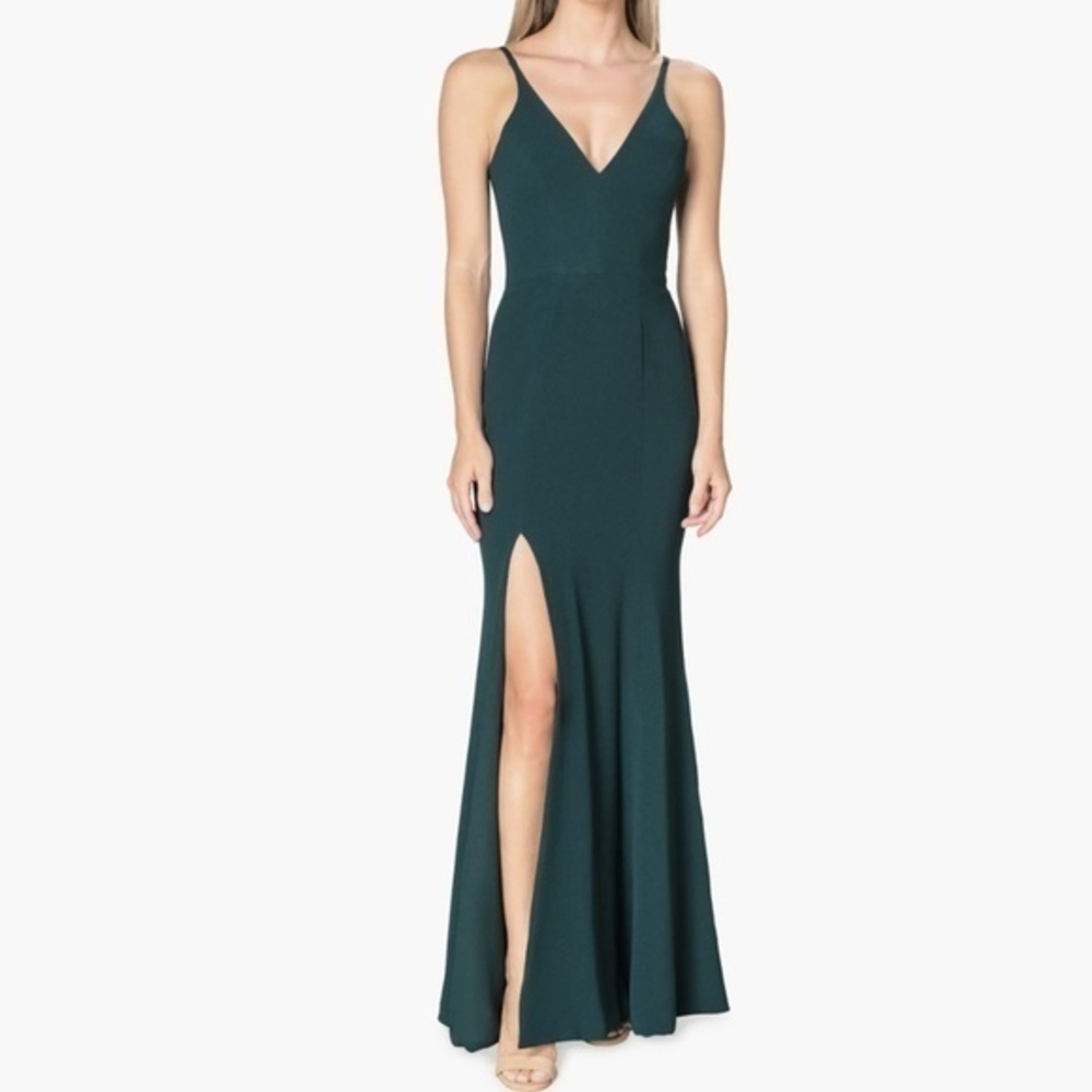 New Dress The Population. Iris Slit Crepe Gown.